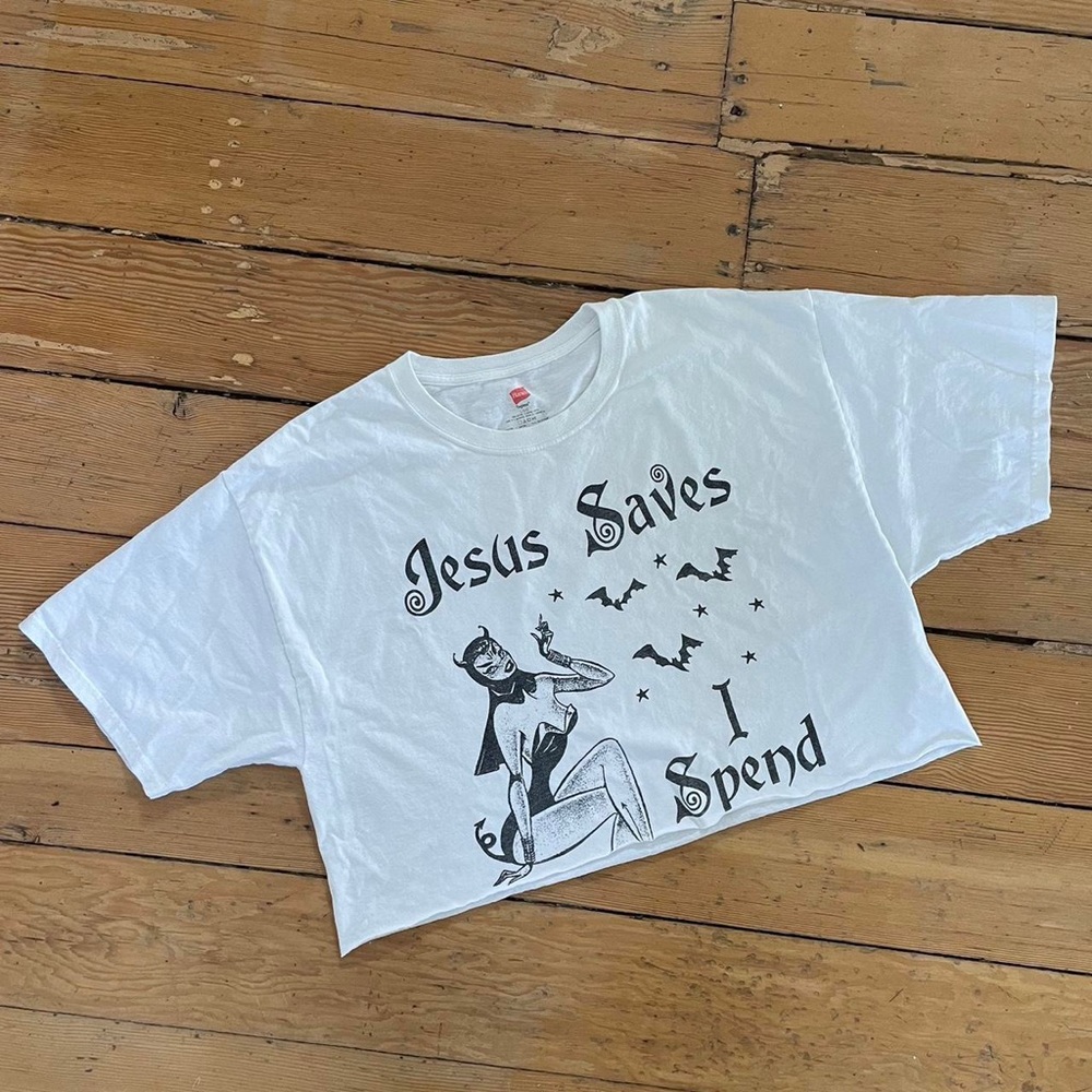 Vintage Hanes cut-off t-shirt “Jesus Saves I Spend” screen printed